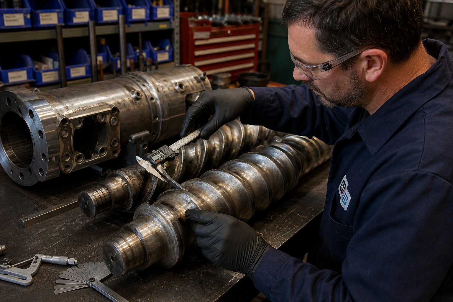 inspecting twin screw extruder barrel and screw elements for wear during scheduled maintenance