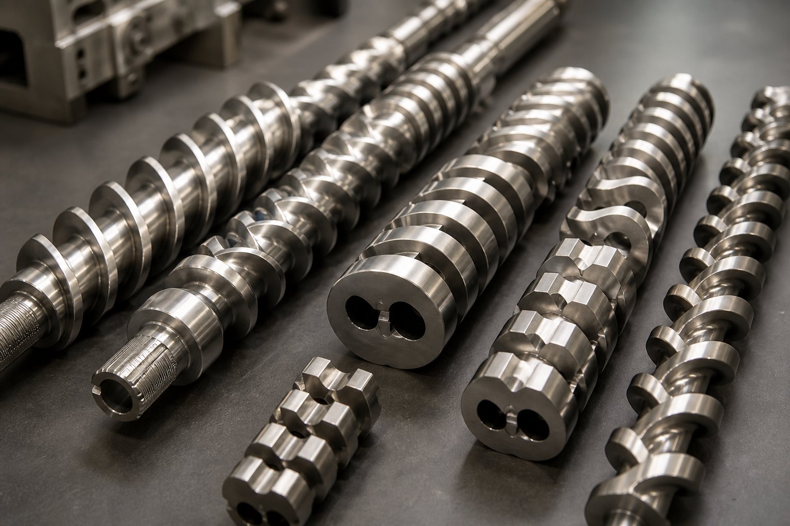 modular screw elements including conveying flights and kneading blocks for twin screw extruder profiles