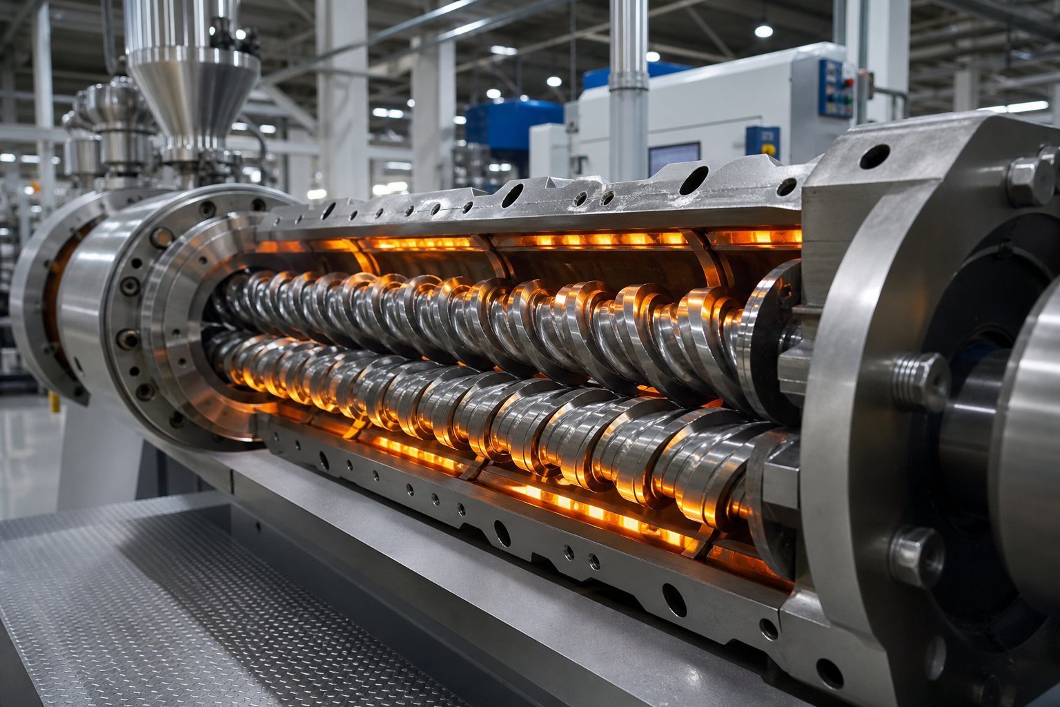 twin screw extruder with intermeshing screws inside a heated barrel for polymer compounding