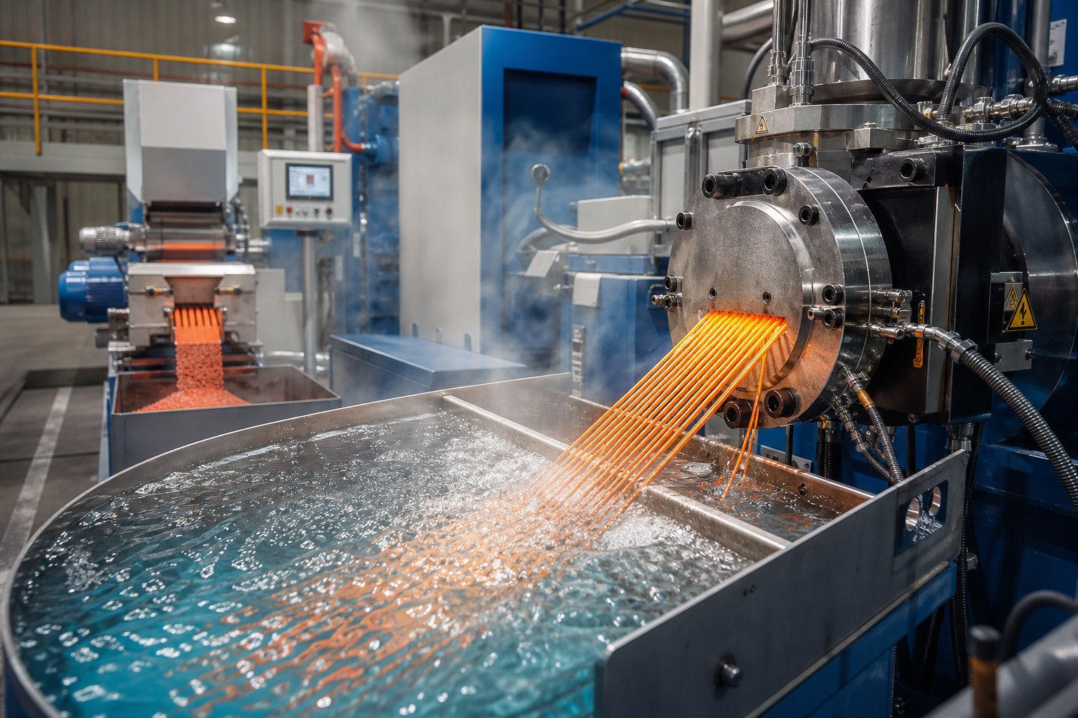 twin screw extrusion line producing polymer compound strands for pelletizing