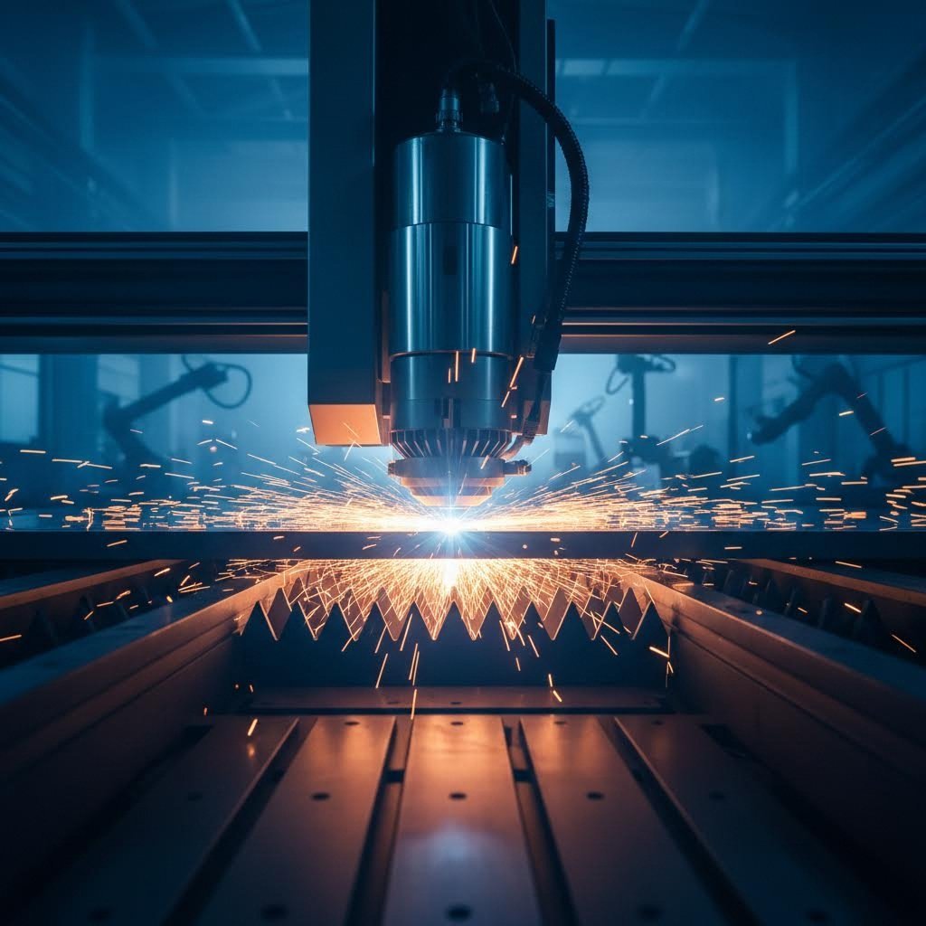 high powered fiber laser precisely cutting steel sheet in modern manufacturing facility