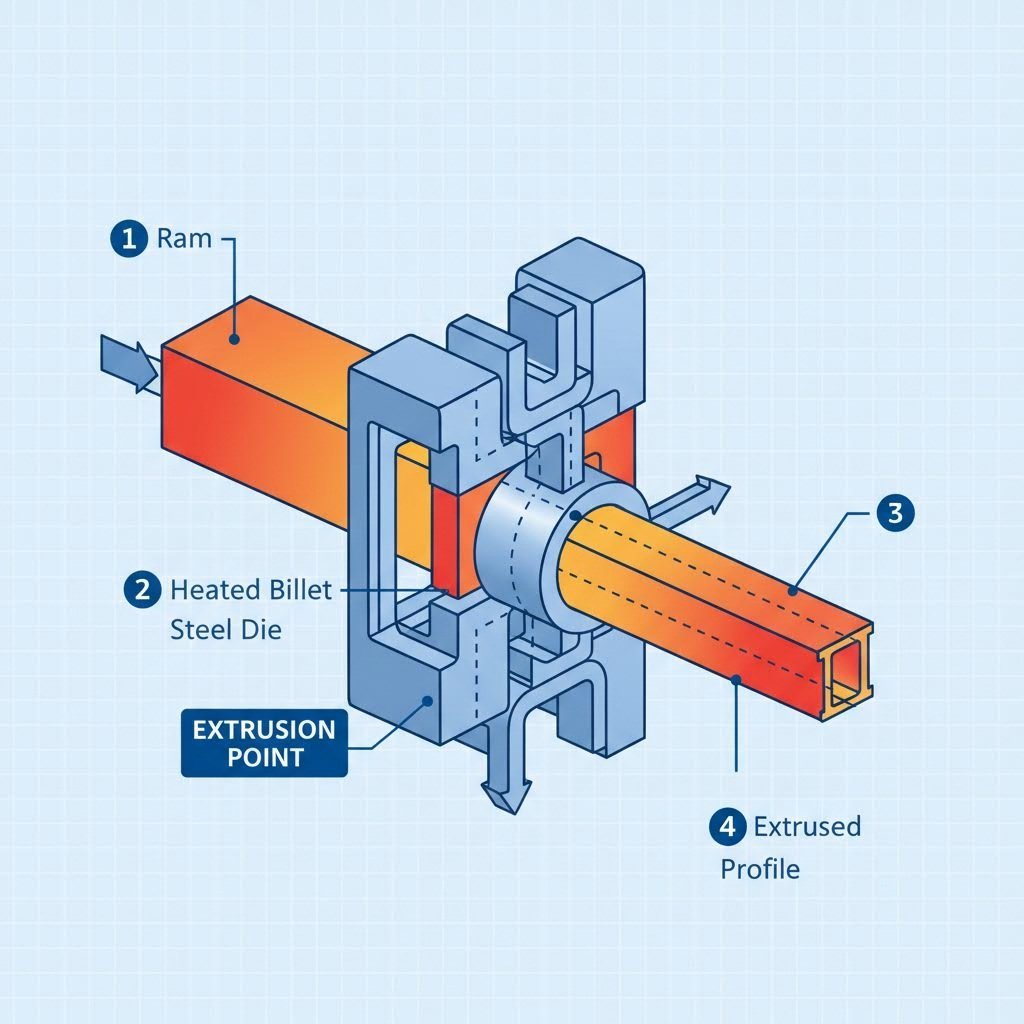 aluminum billet transforms into shaped profiles through precision extrusion dies