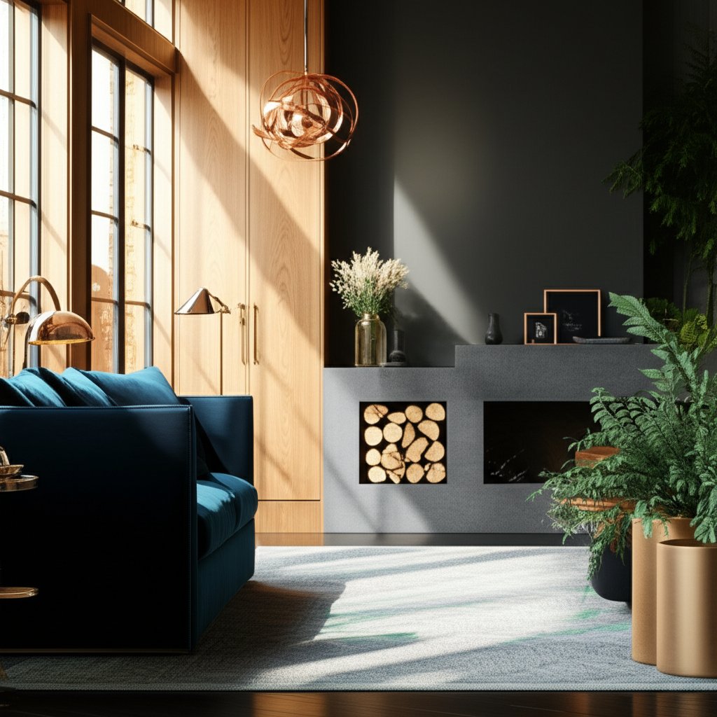 copper accents paired with complementary colors in modern design