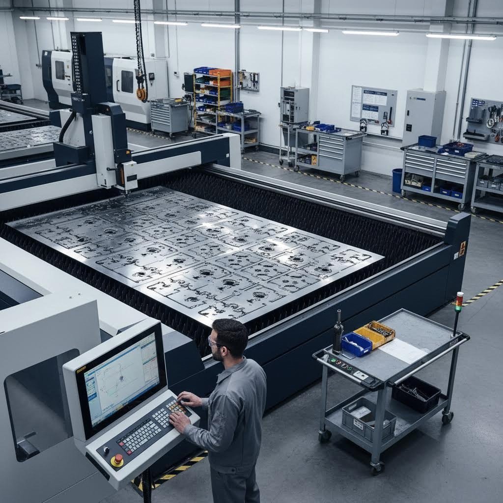 laser cutting production workflow with nested parts on cutting bed
