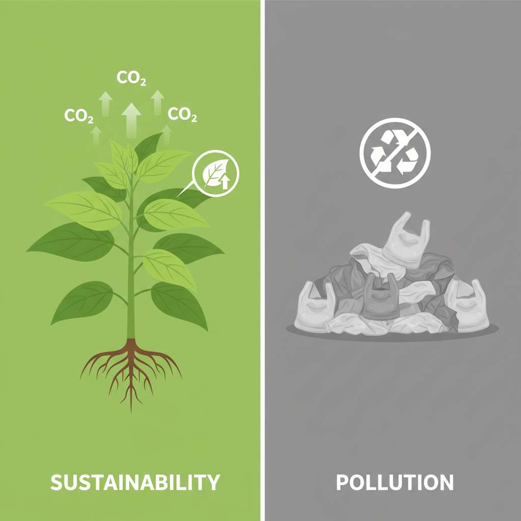 an illustration comparing the positive environmental impact of jute versus plastic