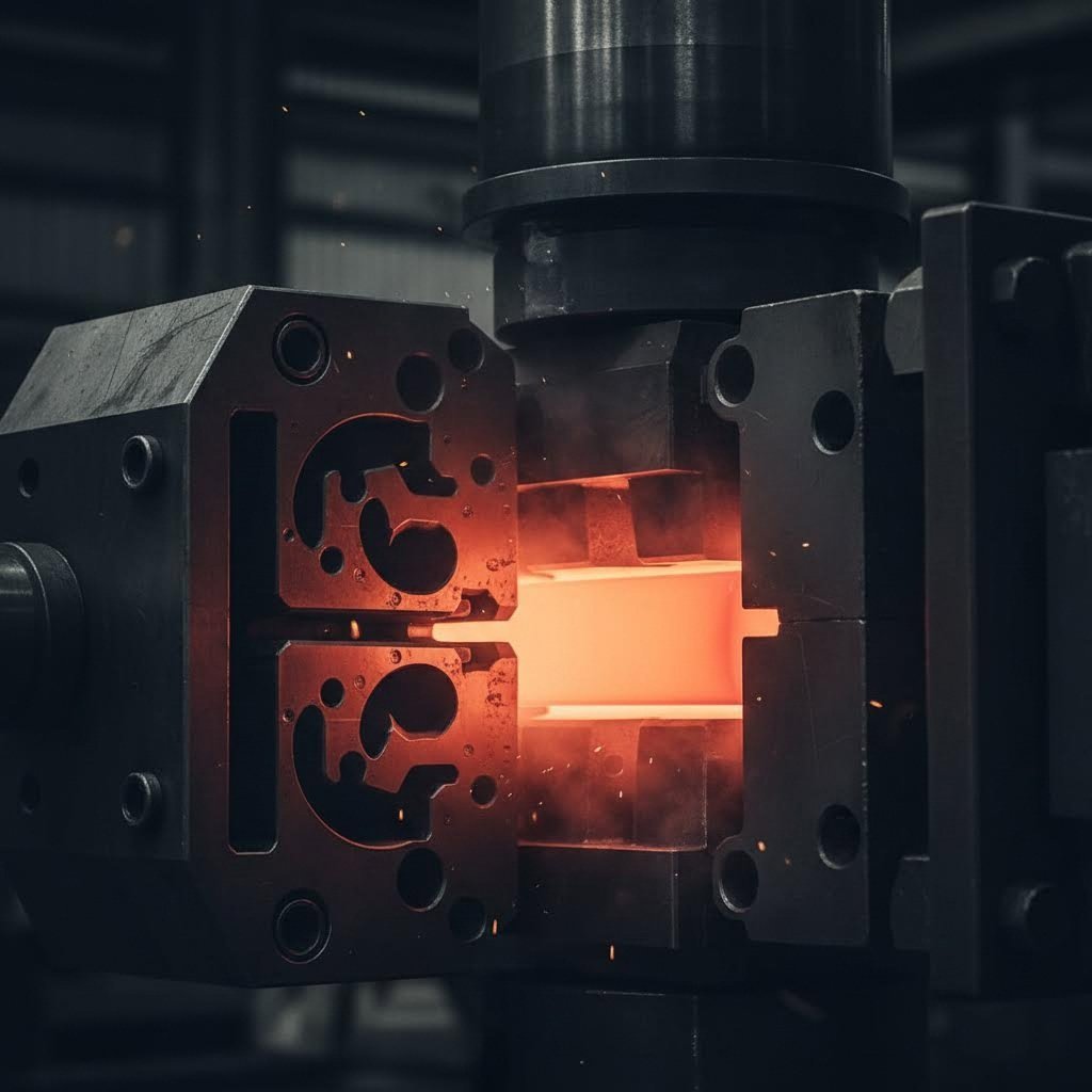 aluminum billet being forced through a precision extrusion die