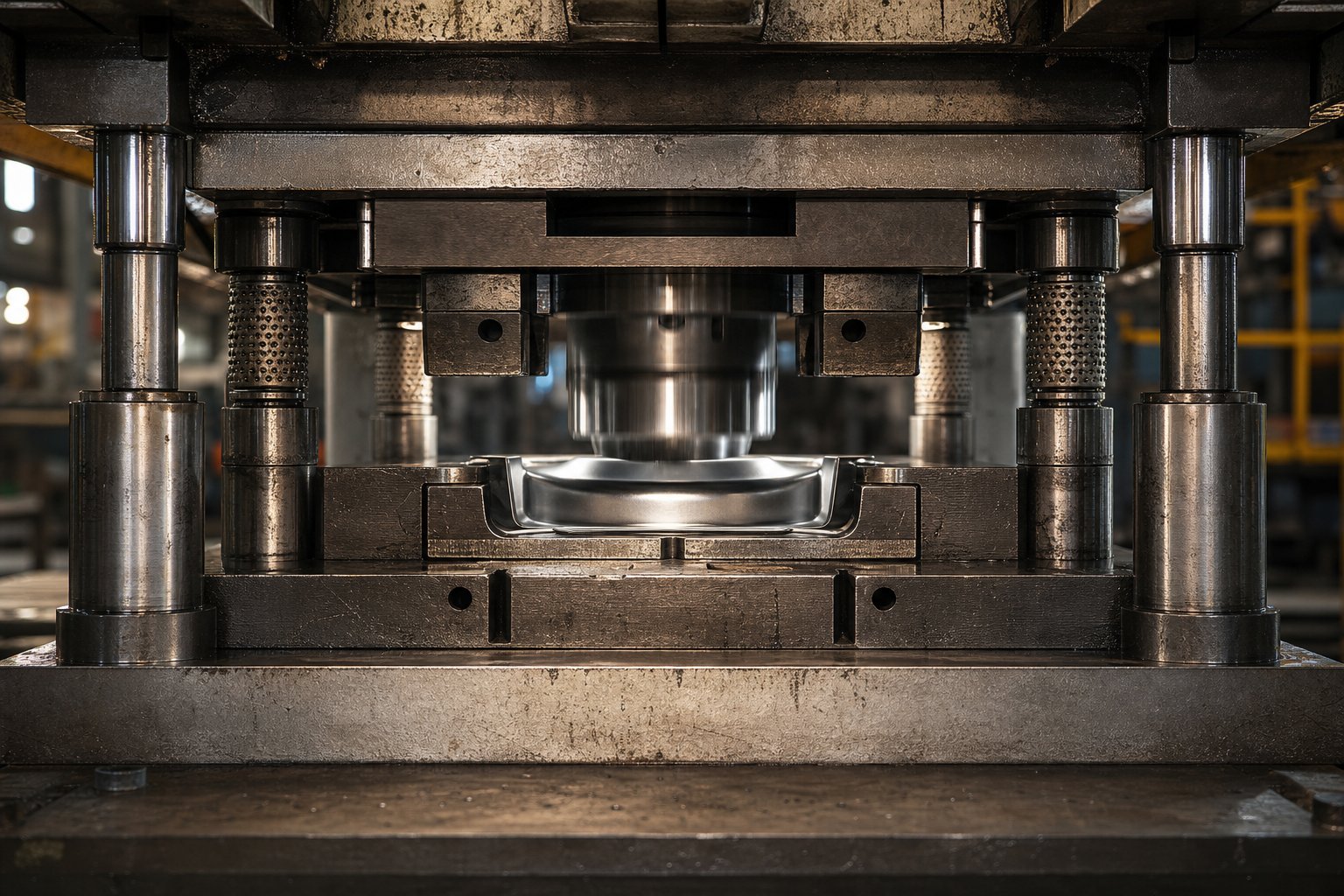 info-1-1 a four post die set in a hydraulic press configured for heavy forming operations requiring maximum structural rigidity
