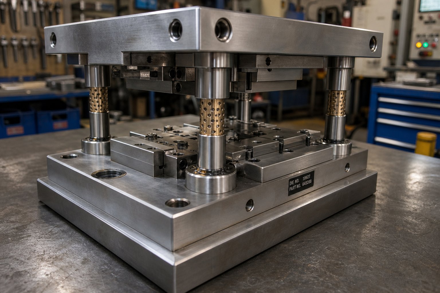 info-1-1 a precision stamping die set showing upper and lower shoes connected by hardened guide posts and bushings