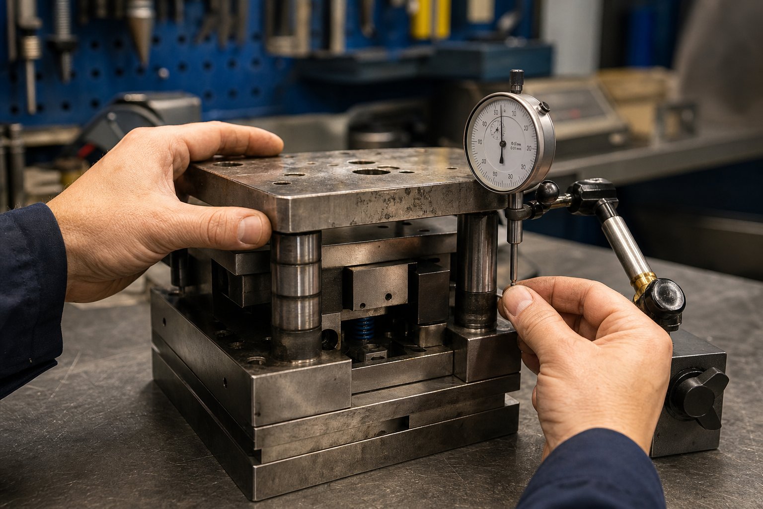 info-1-1 a technician measuring guide post to bushing clearance with a dial indicator during routine die set maintenance