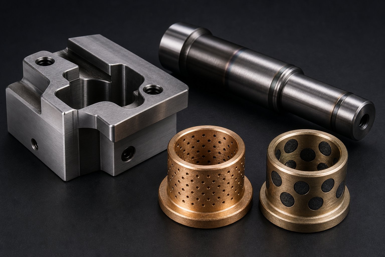 info-1-1 die set components showing material differences between steel shoes hardened guide posts and bronze bushings