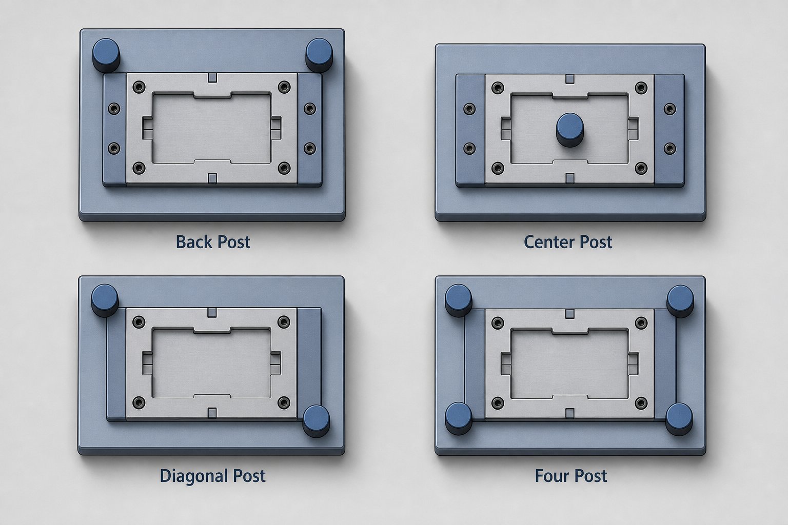 info-1-1 four standard die set configurations showing guide post placement for back post center post diagonal post and four post layouts