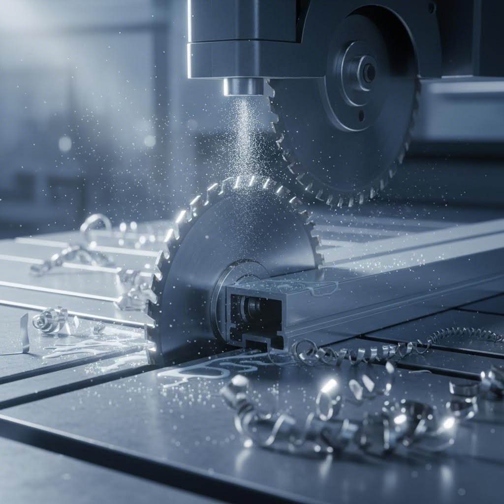 saw blade engaging aluminum extrusion during precision cutting operation