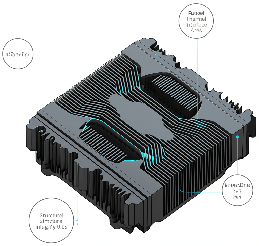 diagram of a cnc machined heatsink highlighting its precision features
