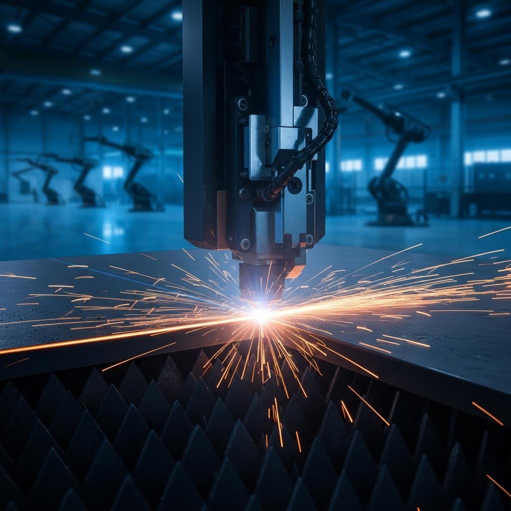 cnc laser cutting machine precisely shaping steel components in a modern fabrication facility