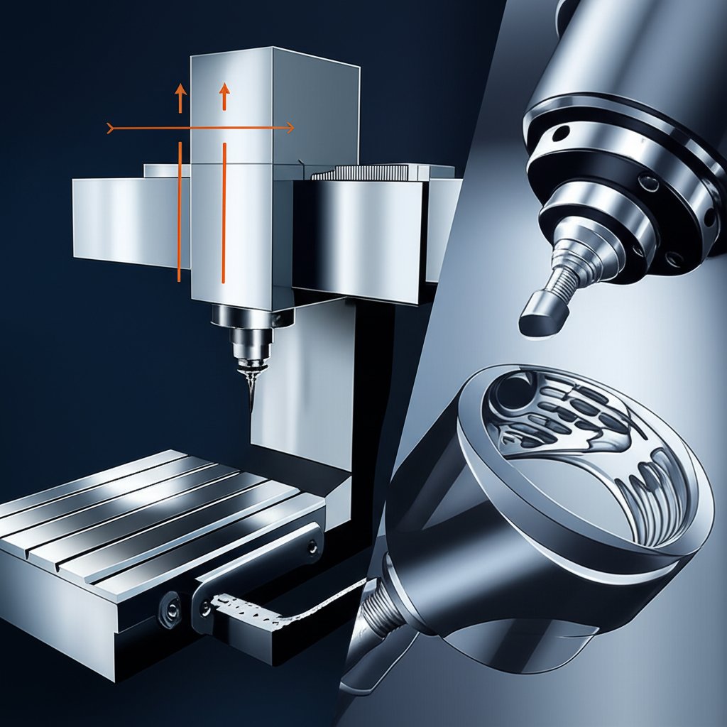 a diagram comparing the limited motion of 3 axis machining to the dynamic flexibility of 5 axis machining