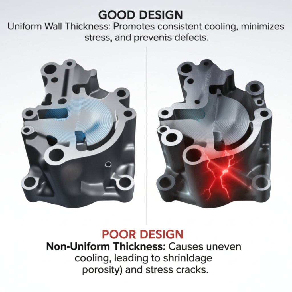 diagram showing the effects of uniform vs non uniform wall thickness on casting quality