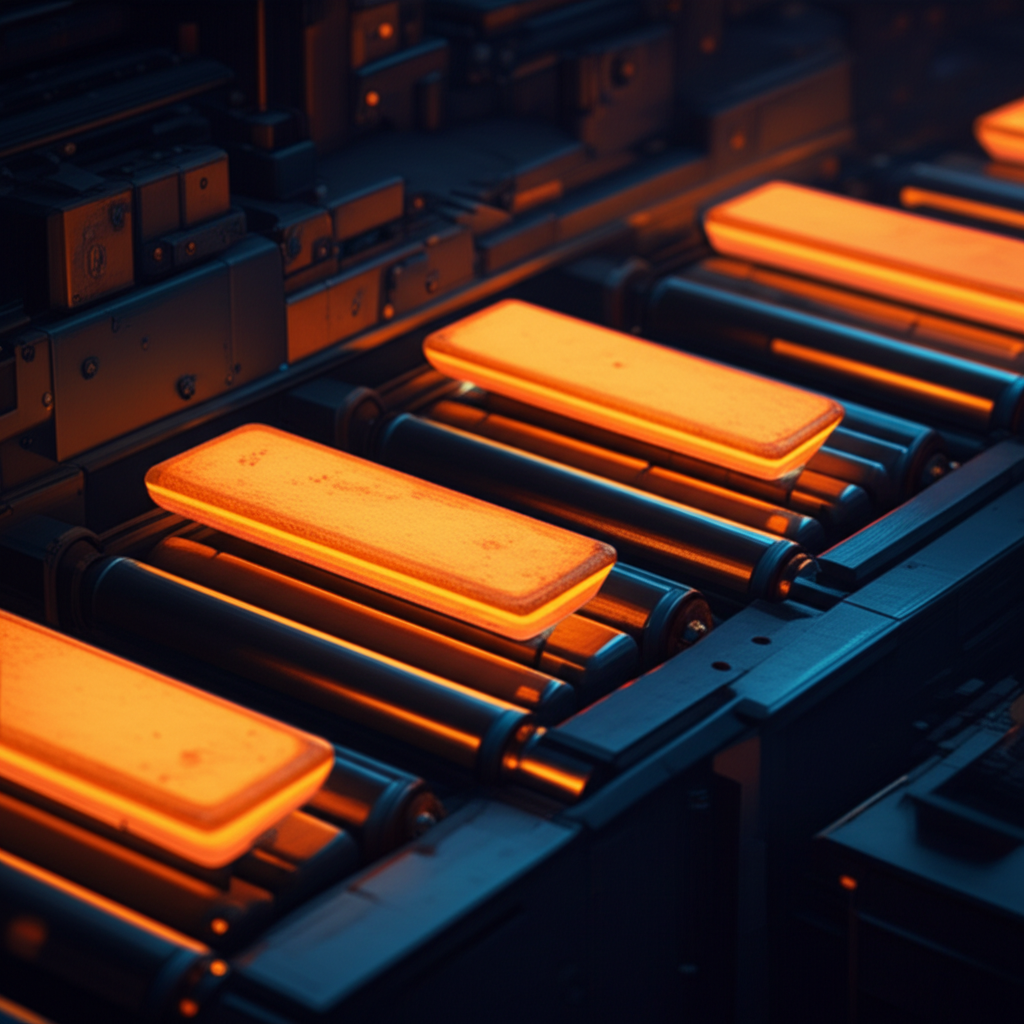an abstract representation of an automated forging line symbolizing precision