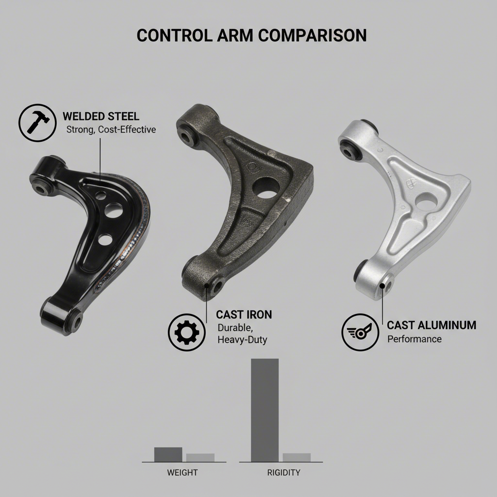 visual comparison of stamped steel cast steel and cast aluminum control arms