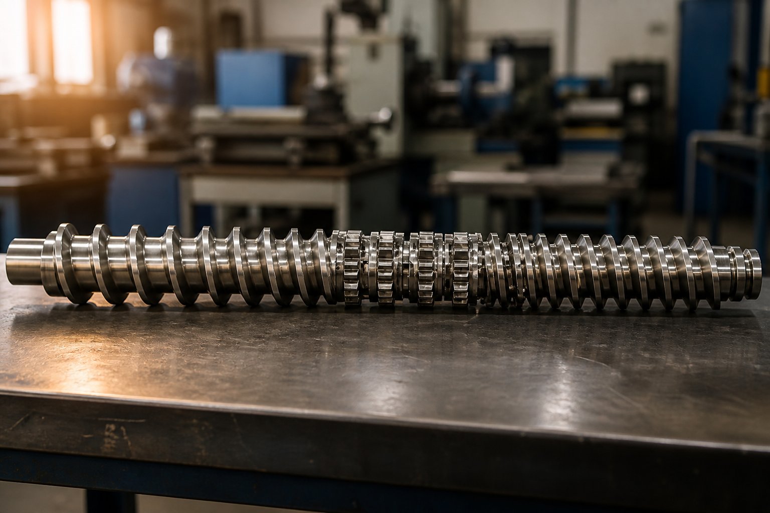 complete twin screw extruder shaft showing kneading block placement within the overall screw profile sequence