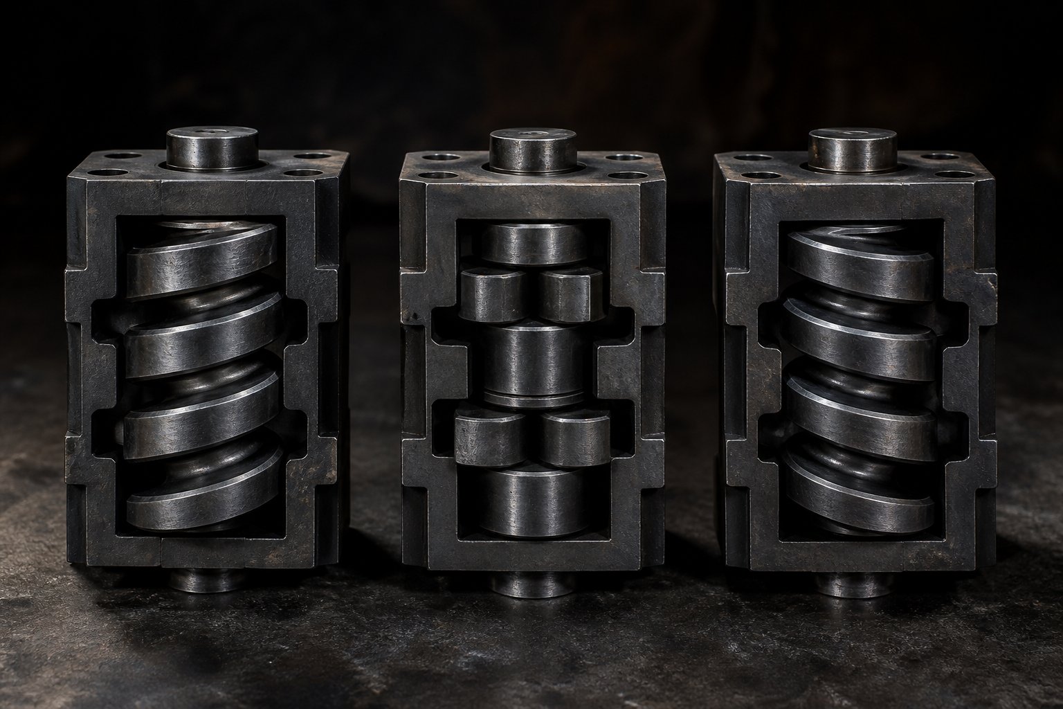 forward neutral and reverse kneading block configurations showing distinct disc offset directions