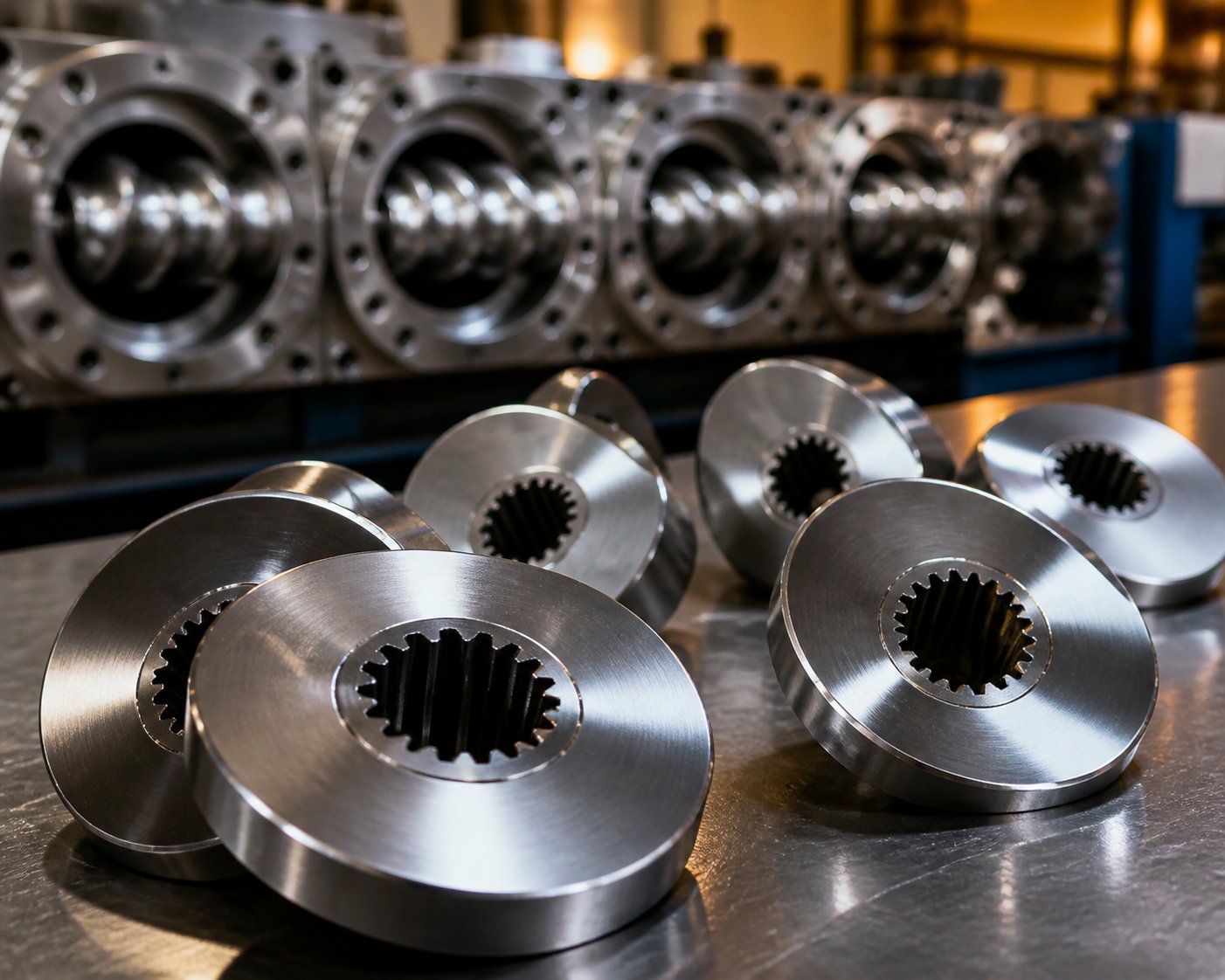 modular kneading block elements showing various stagger angle configurations for twin screw extruders