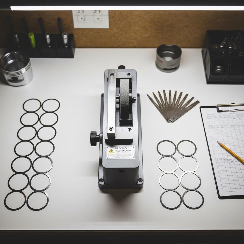 professional ring gapping setup with precision filing tool and measurement instruments