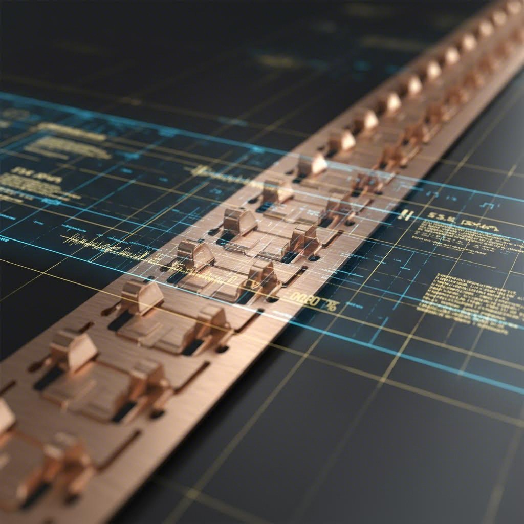 Progressive die stamping strip transforming raw metal into precision automotive terminals
