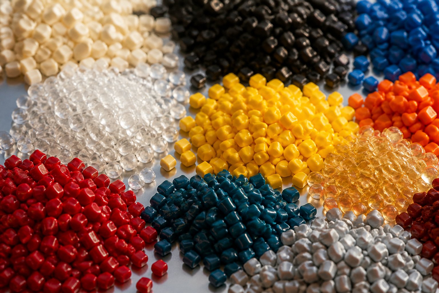 polymer pellets and masterbatch granules representing the diverse materials processed by twin screw extruders