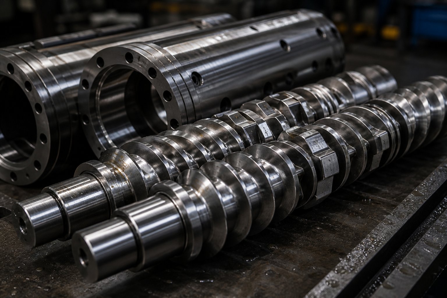 precision machined screw elements and barrel segments used as replacement wear parts in twin screw extruders