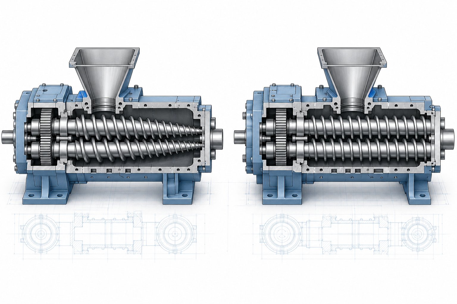 side by side comparison of conical tapered screws versus parallel uniform diameter screws in twin screw extruder designs