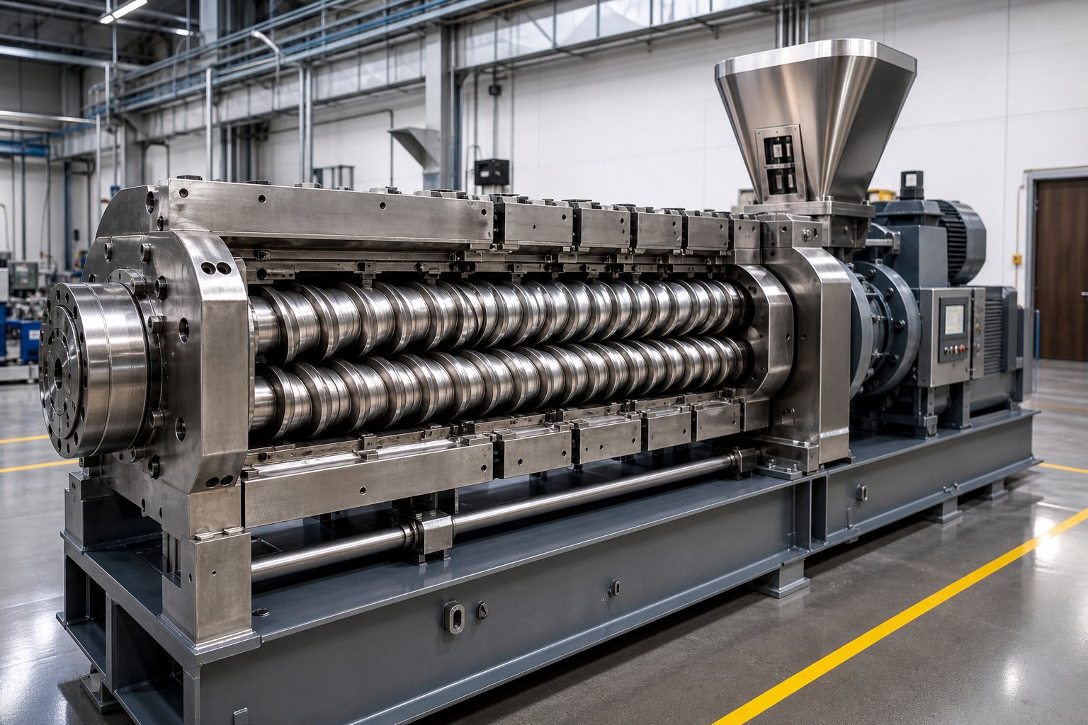 twin screw extruder with visible intermeshing screws and modular barrel segments in a manufacturing facility