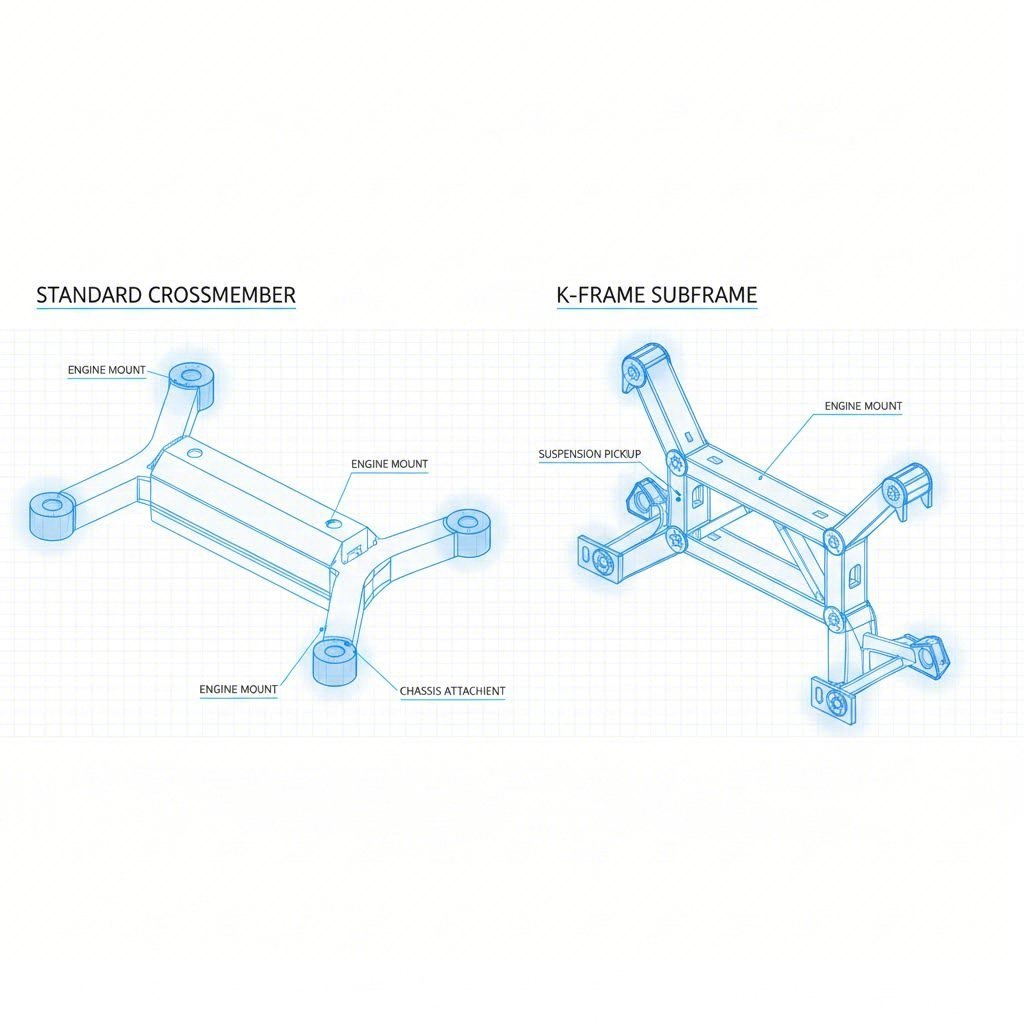 Diagram showing K frame and standard crossmember structural differences