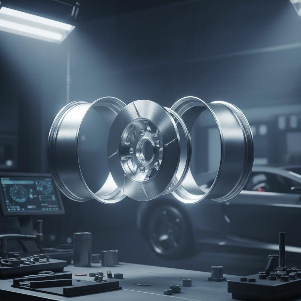 three piece forged wheel components separated to show center disc inner barrel and outer barrel assembly structure