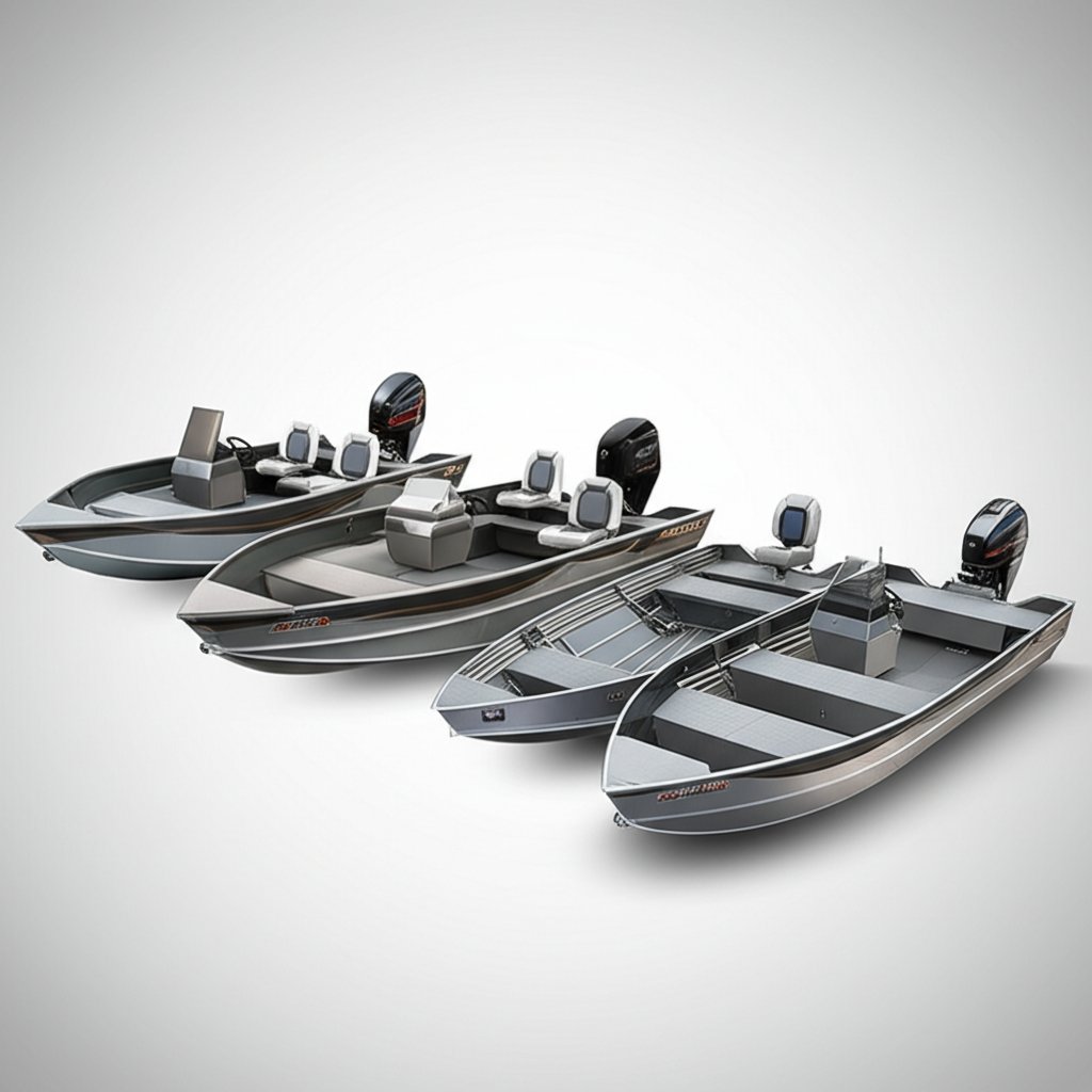 lineup of various aluminum boat models illustrating differences in design and construction