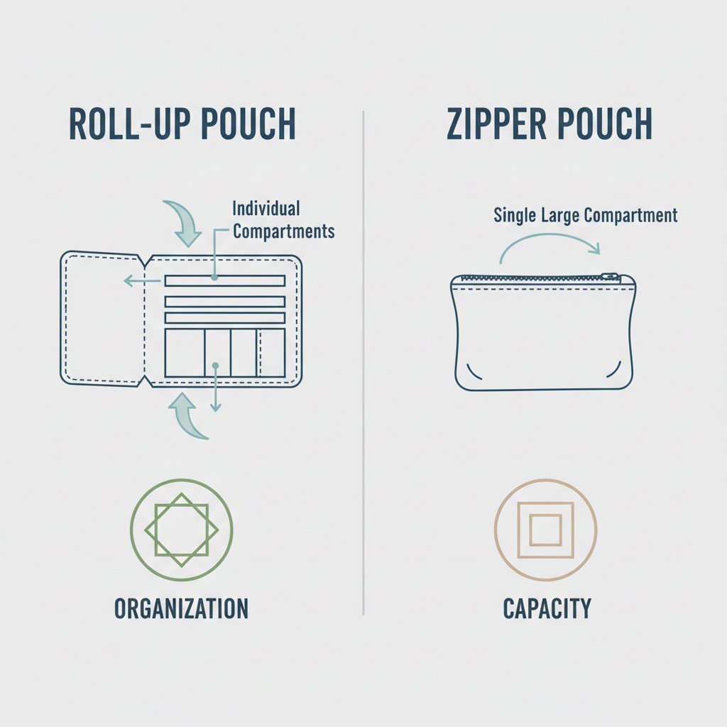 a diagram showing the structural differences between a roll up pouchs individual slots and a zipper pouchs single compartment