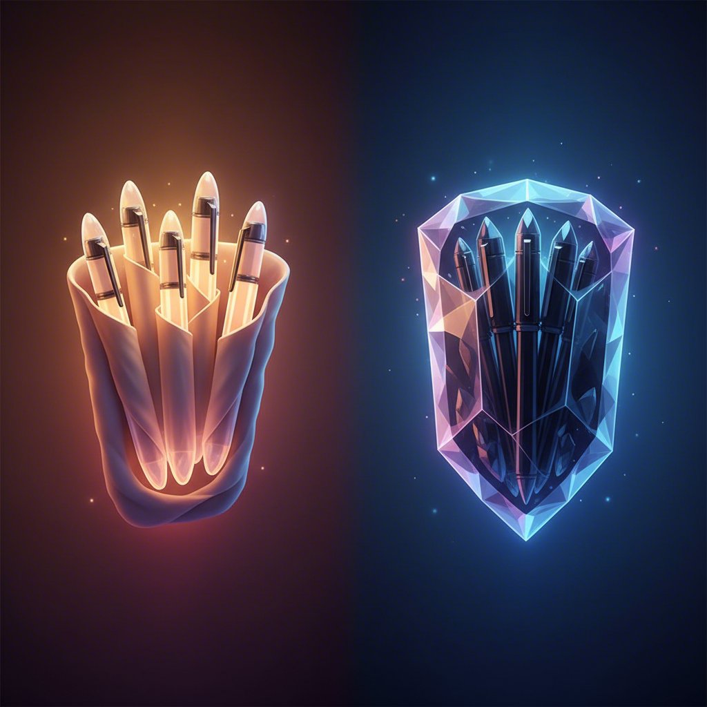 metaphorical art depicting two types of protection individual cushioning versus secure external containment for pens