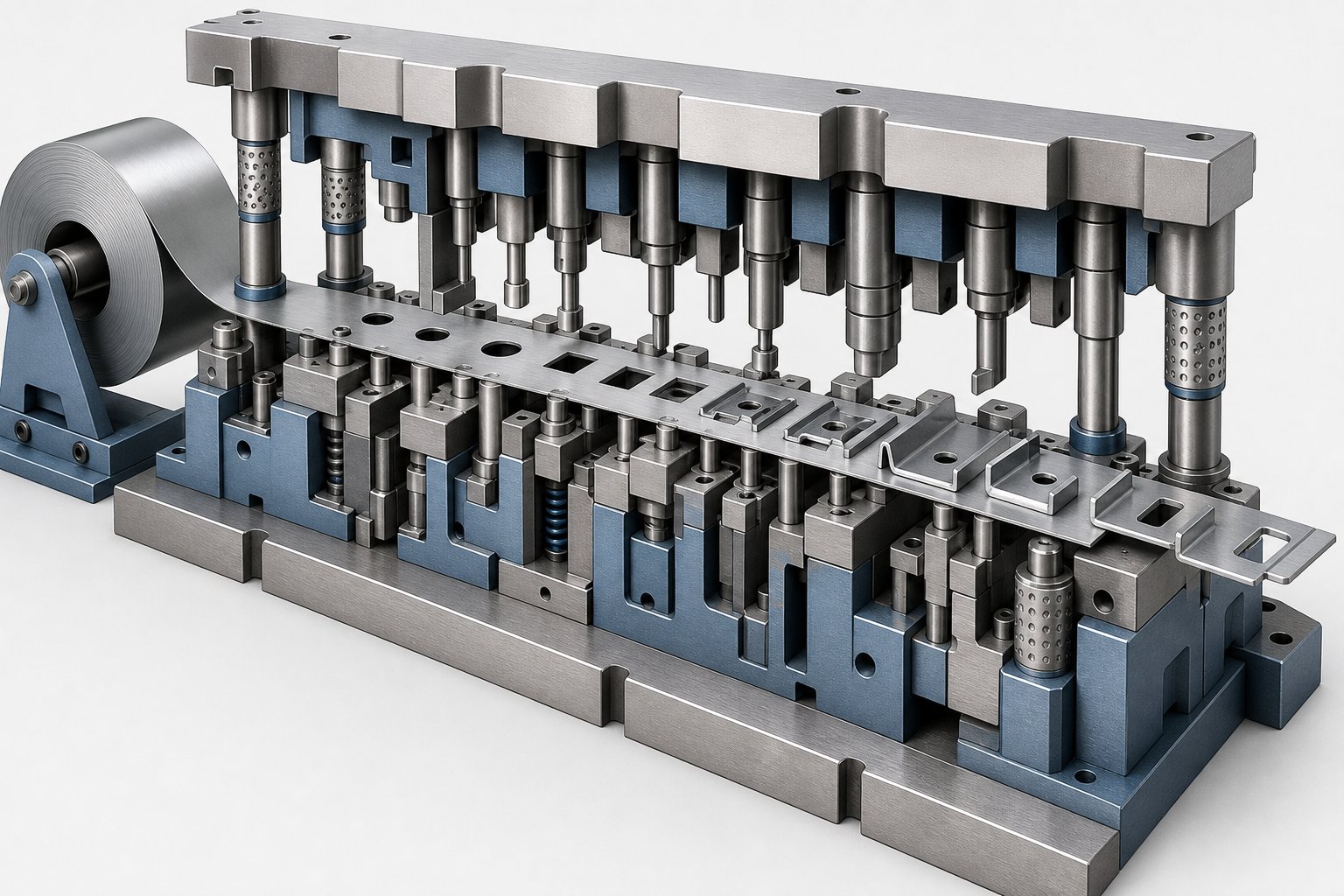 info-1-1 a progressive die stamping sequence where metal strip advances through multiple forming stations with each press stroke