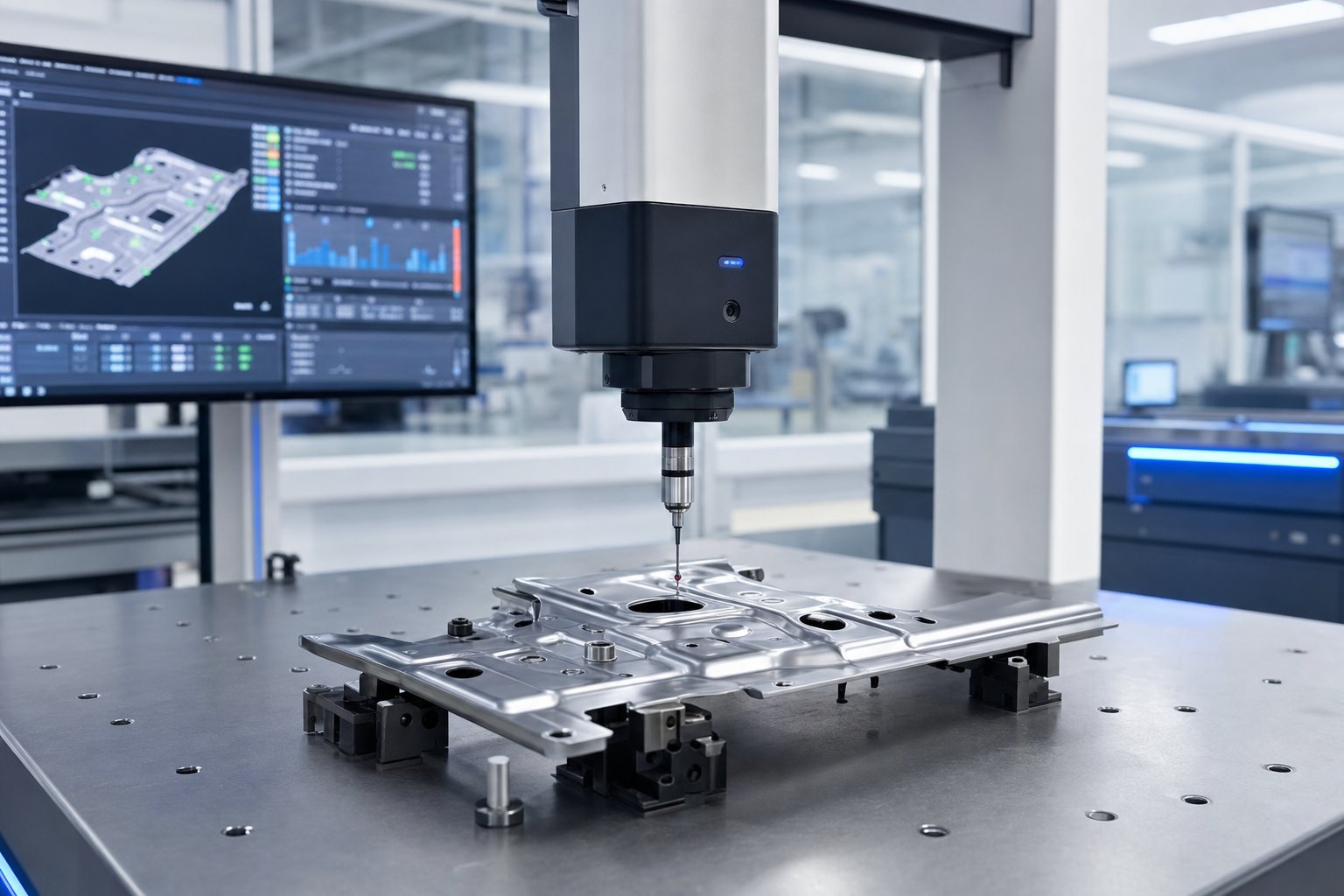 info-1-1 cmm inspection verifying dimensional accuracy of progressive die stamped parts to ensure tolerance compliance