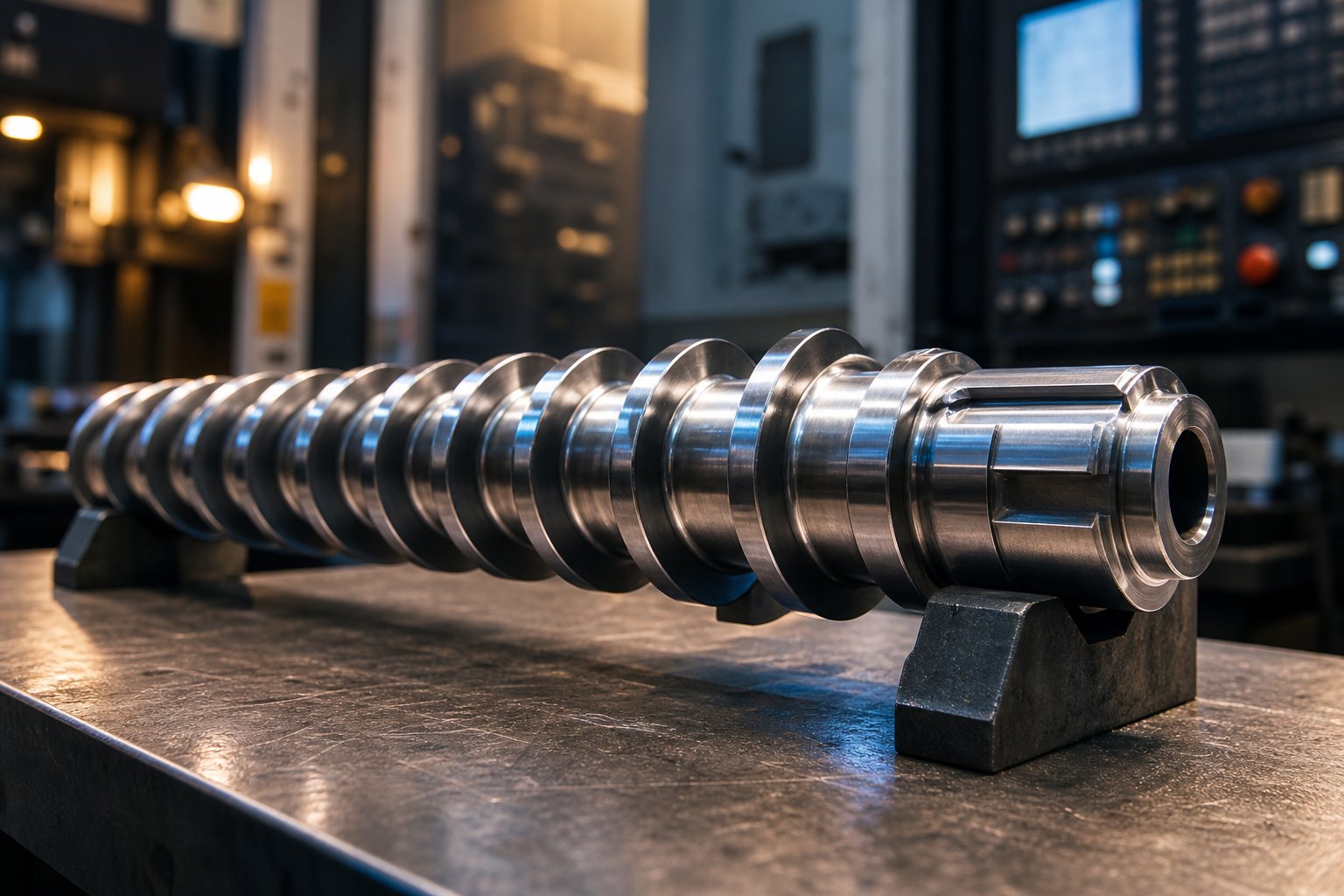 precision engineered extruder screw showcasing detailed flight geometry and polished surface finish