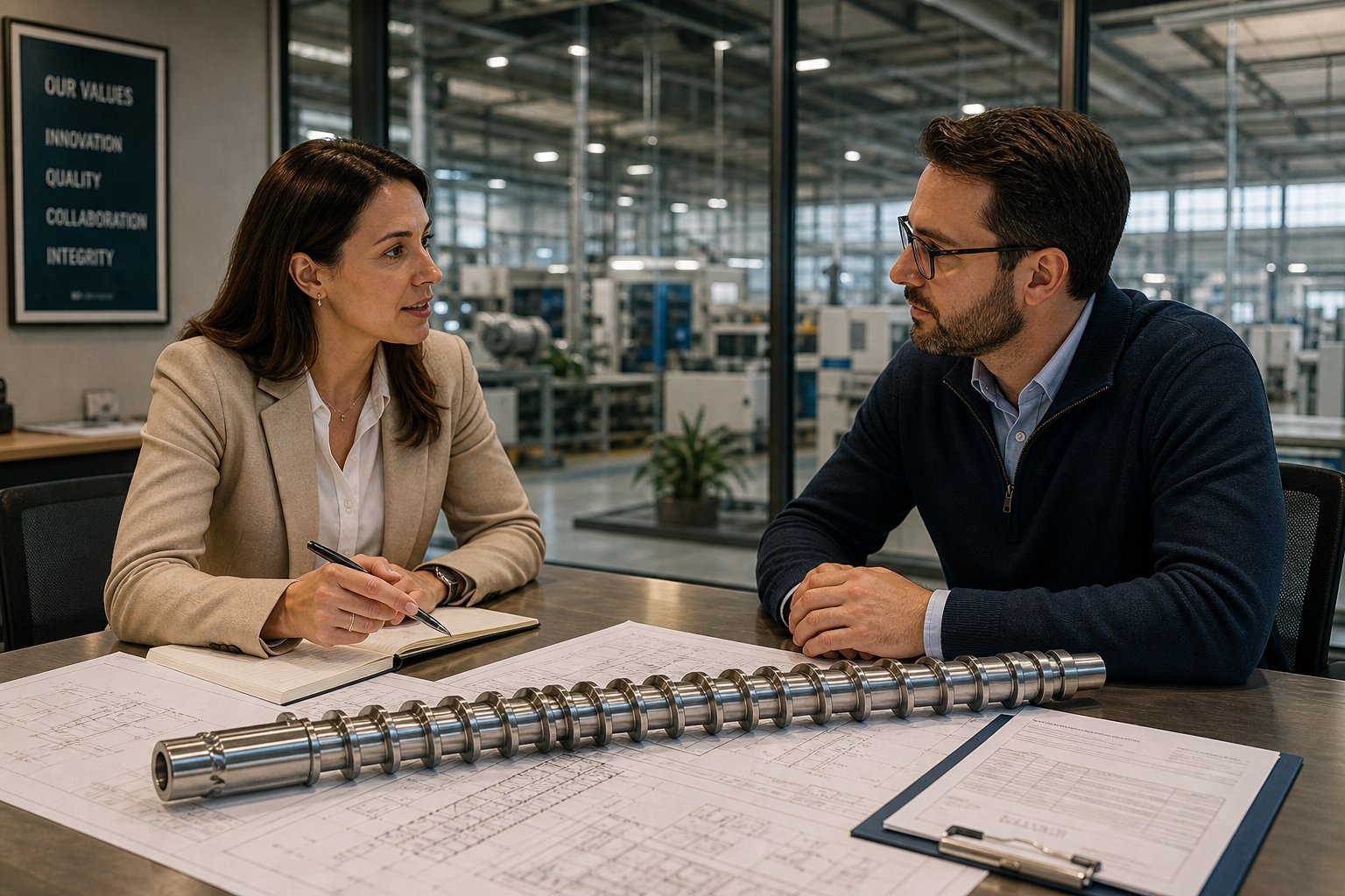 procurement and engineering teams reviewing extruder screw specifications and supplier documentation