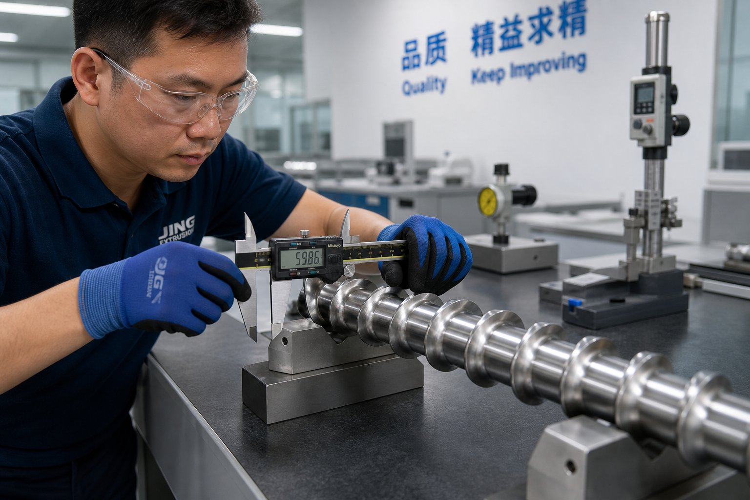 quality inspection of an extruder screw using precision measurement tools before shipment