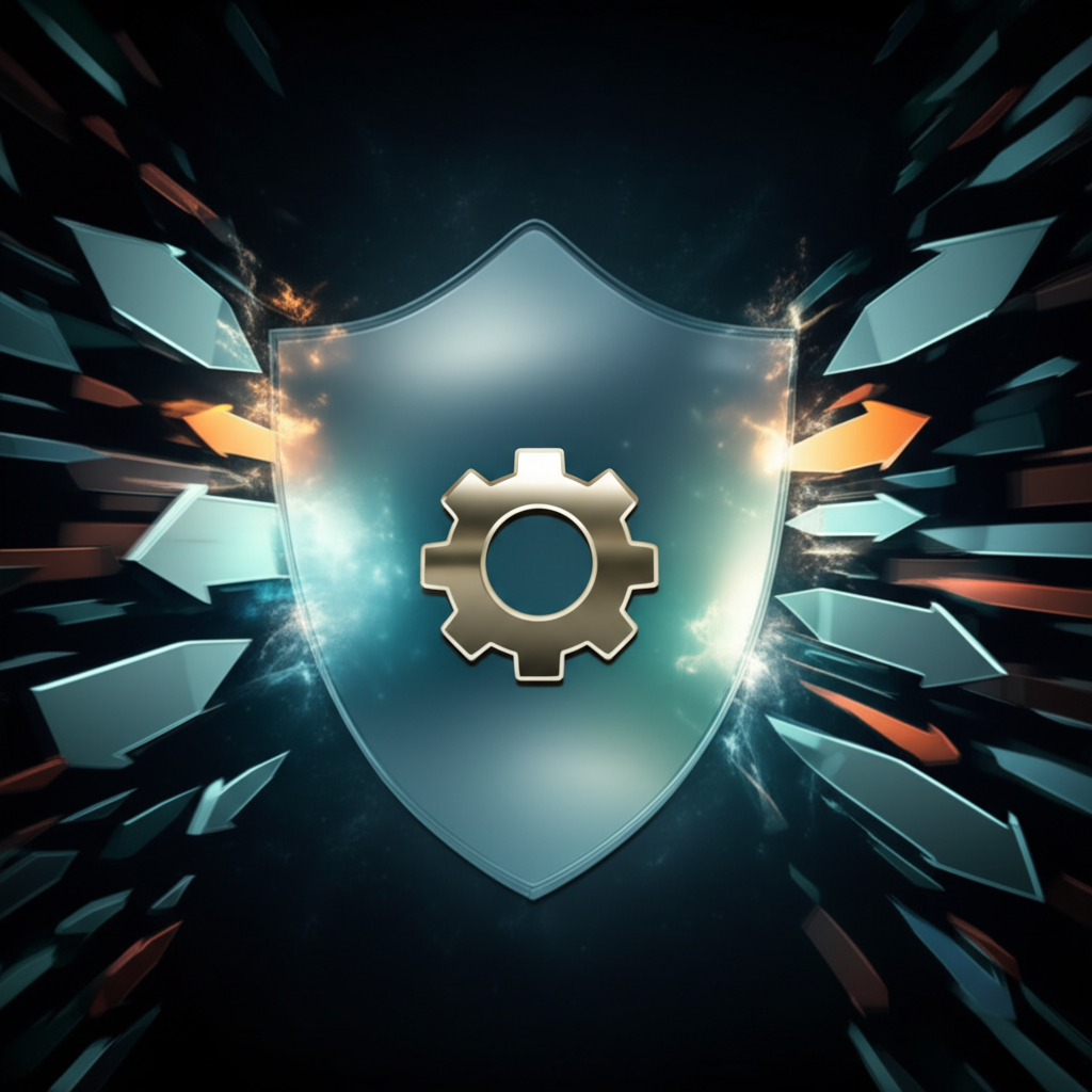 conceptual art of a shield protecting a gear from disruptive forces