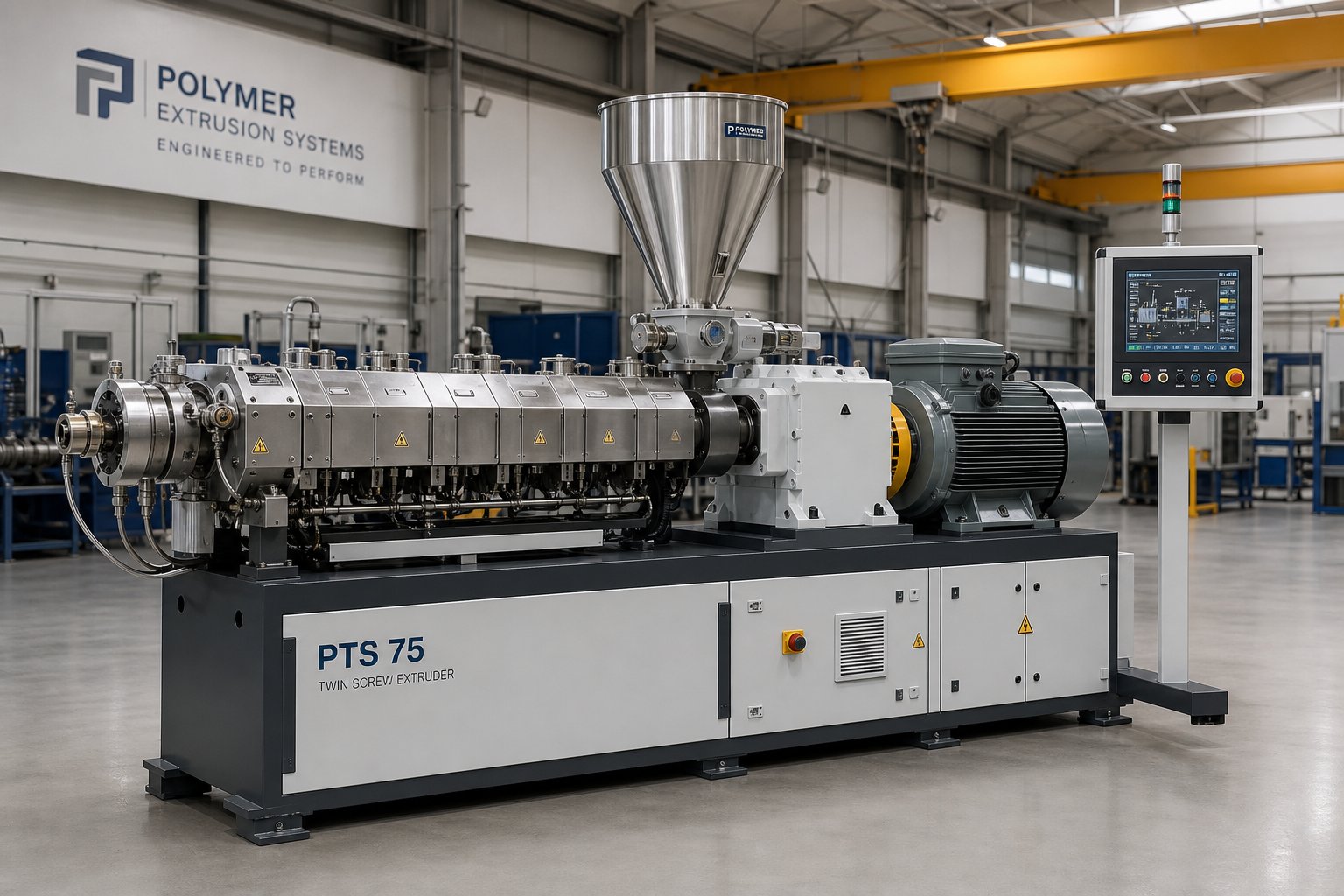 a production class twin screw extruder on the factory floor showcasing the barrel drive system