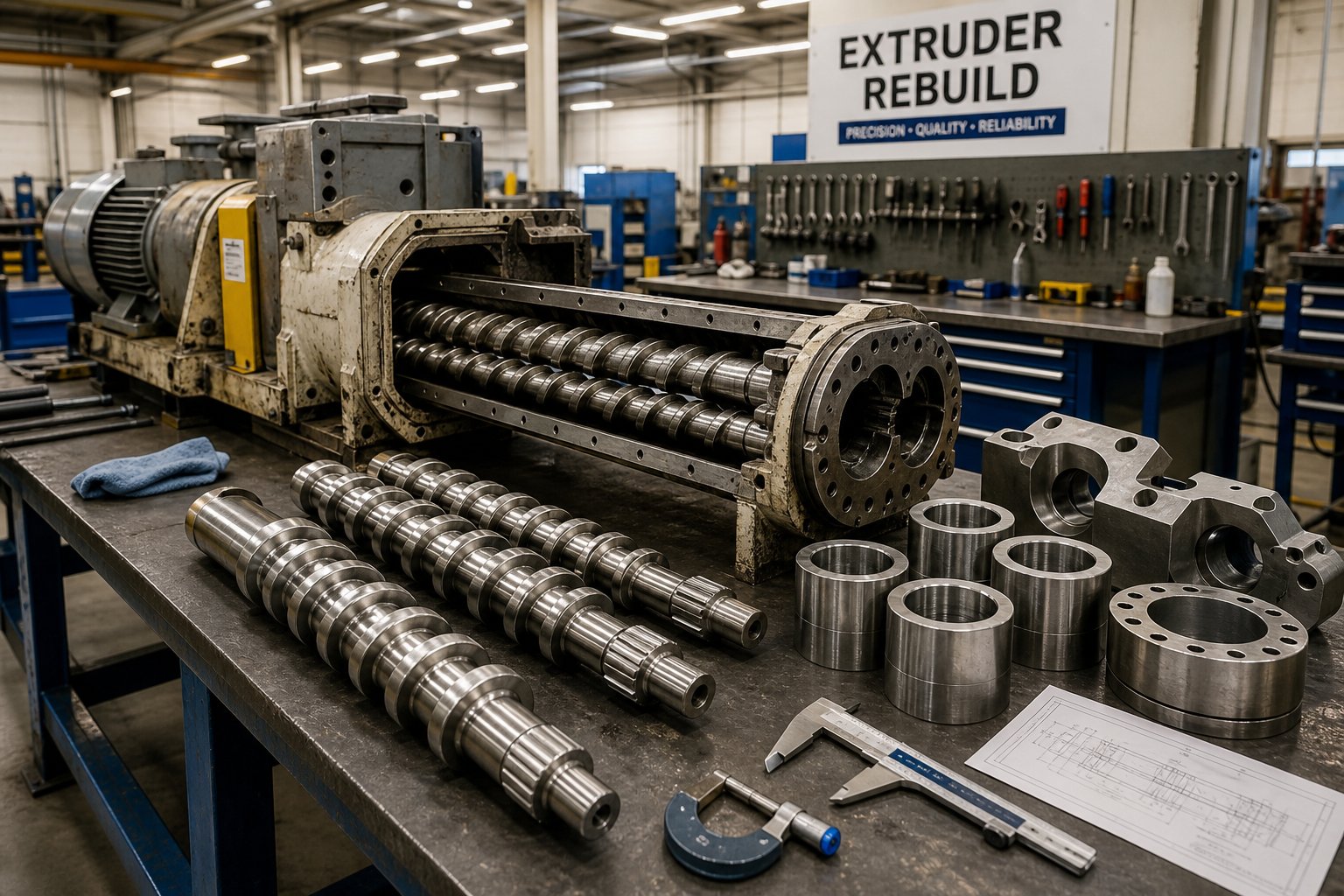 a used twin screw extruder during refurbishment systematic reconditioning of barrel liners screw elements