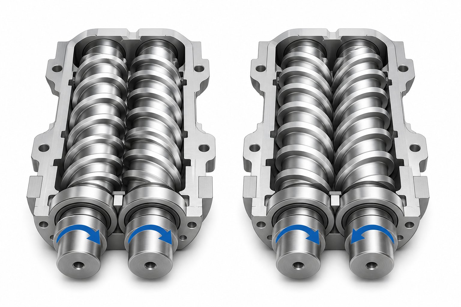 co rotating screws turn in the same direction for high shear mixing while counter rotating screws turn in opposite directions for gentle