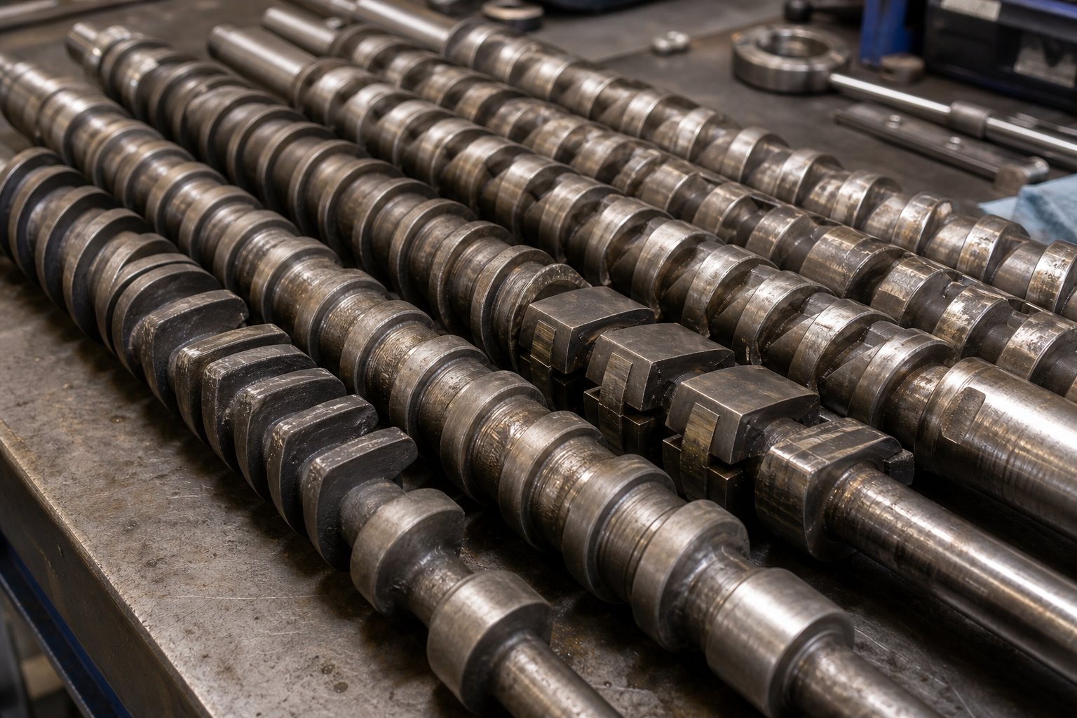 worn screw elements removed for inspection measuring flight diameter against oem tolerances reveals the true condition of a used extruder
