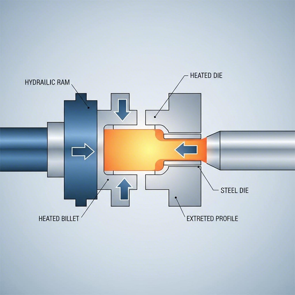 aluminum extrusion process showing billet being forced through precision die
