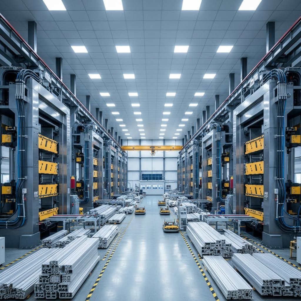 advanced aluminum extrusion facility with multiple press capacities for diverse profile production