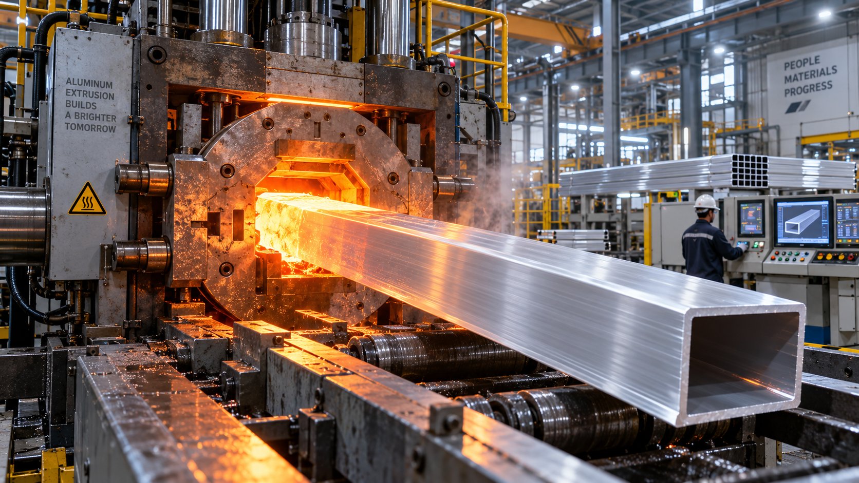 aluminum rectangular extrusion manufacturing process showing heated metal forming into precision hollow profiles
