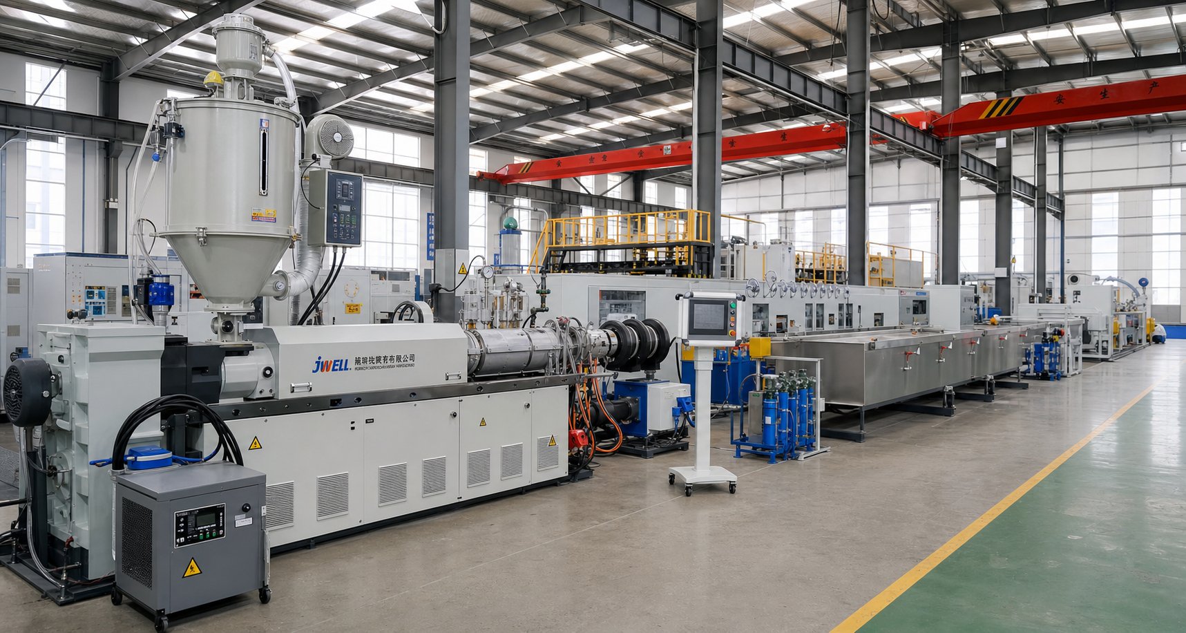 complete plastic extrusion line showing upstream feeding extruder cooling tanks and downstream cutting equipment